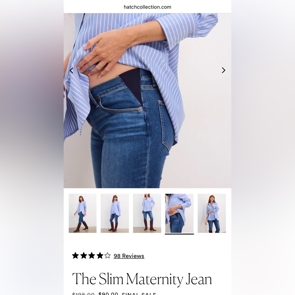Hatch Indigo Slim Maternity Jeans - size 32